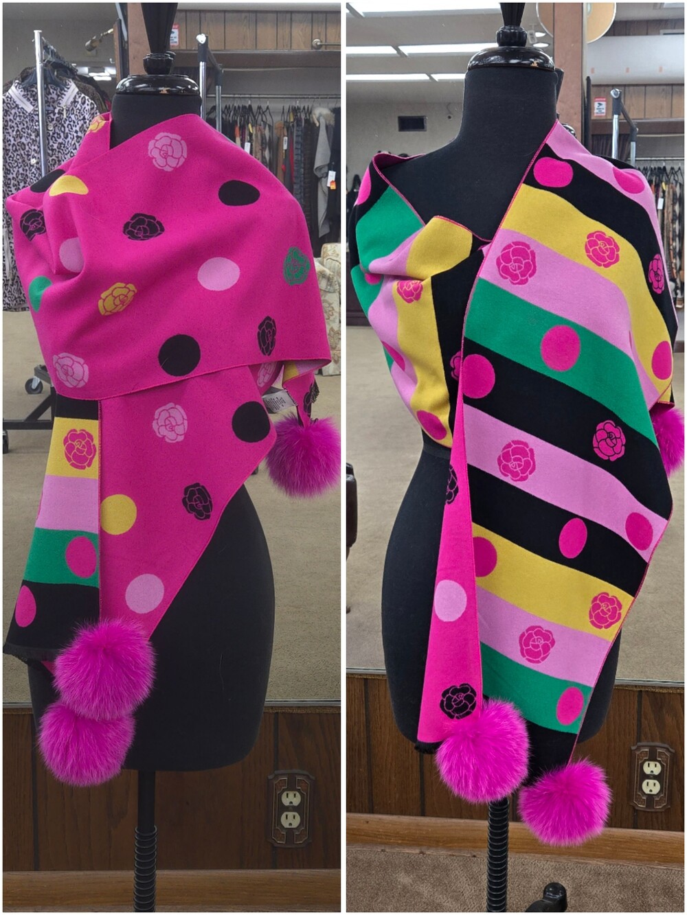 Reversible Polka Dot Scarf With Fox Fur Poms